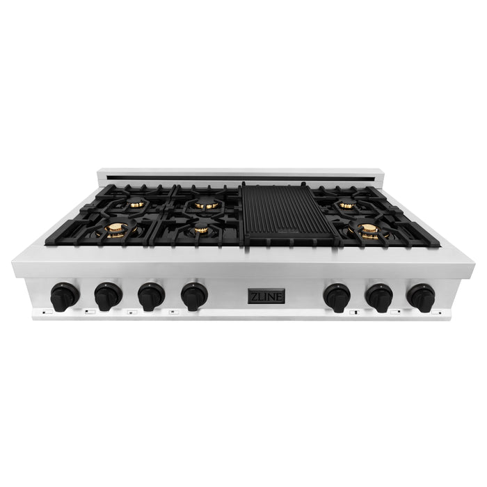 ZLINE Autograph Edition 48" Porcelain Rangetop with 7 Gas Burners in Stainless Steel and Matte Black Accents (RTZ-48-MB)